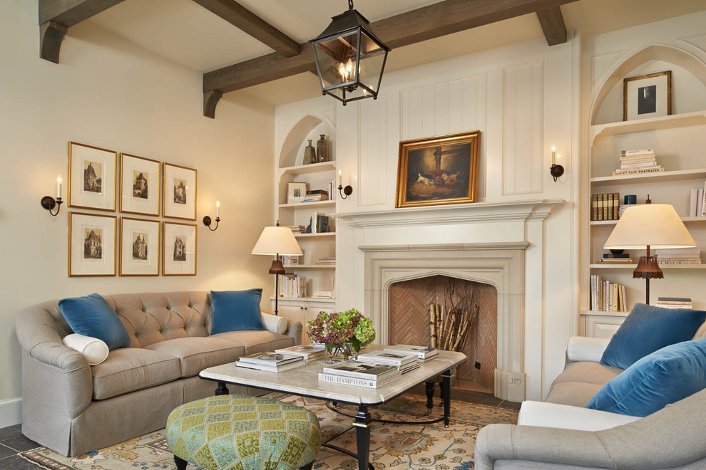 Inspiration for a traditional formal living room in Seattle with beige walls and a standard fireplace.