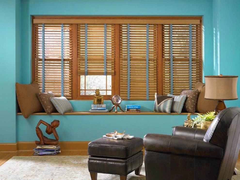 A variety of window treatments Contemporary Living Room Boston
