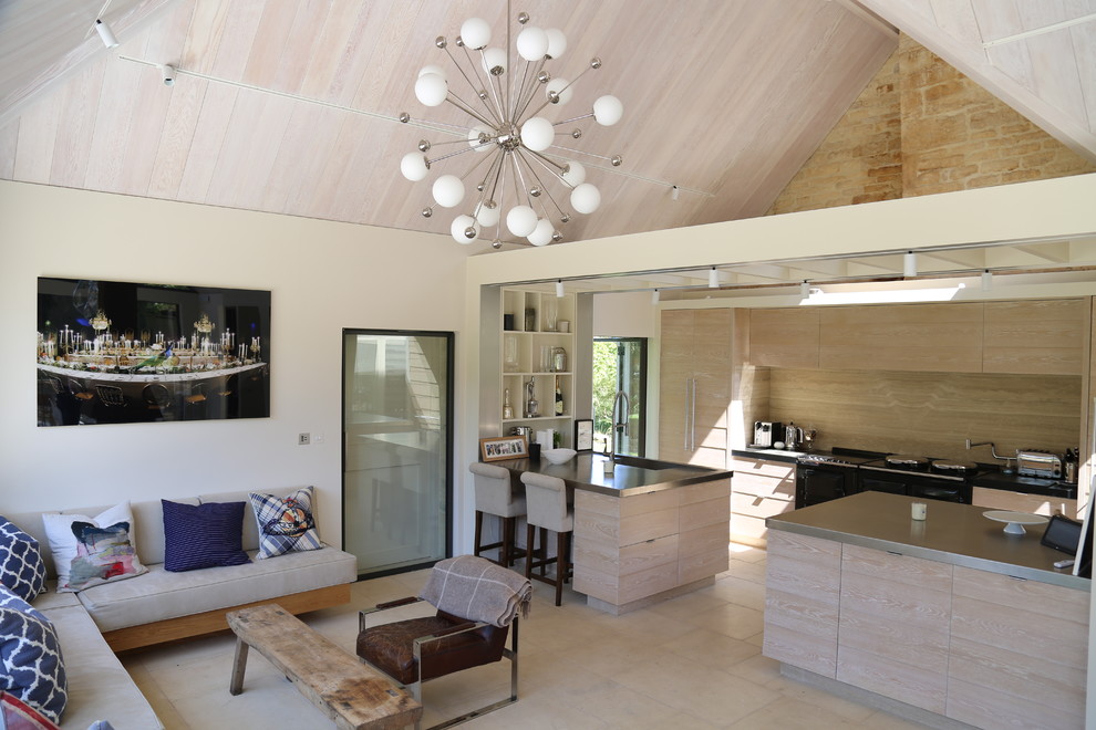 Mid-sized trendy open concept limestone floor and beige floor living room photo in Gloucestershire