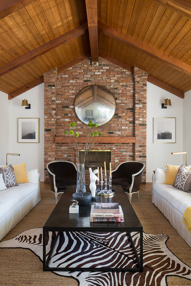 Living room - mid-sized transitional formal and open concept brown floor and light wood floor living room idea in Los Angeles with white walls, a standard fireplace, a brick fireplace and no tv