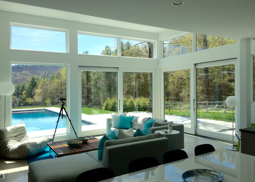 Example of a trendy limestone floor living room design in Other with white walls