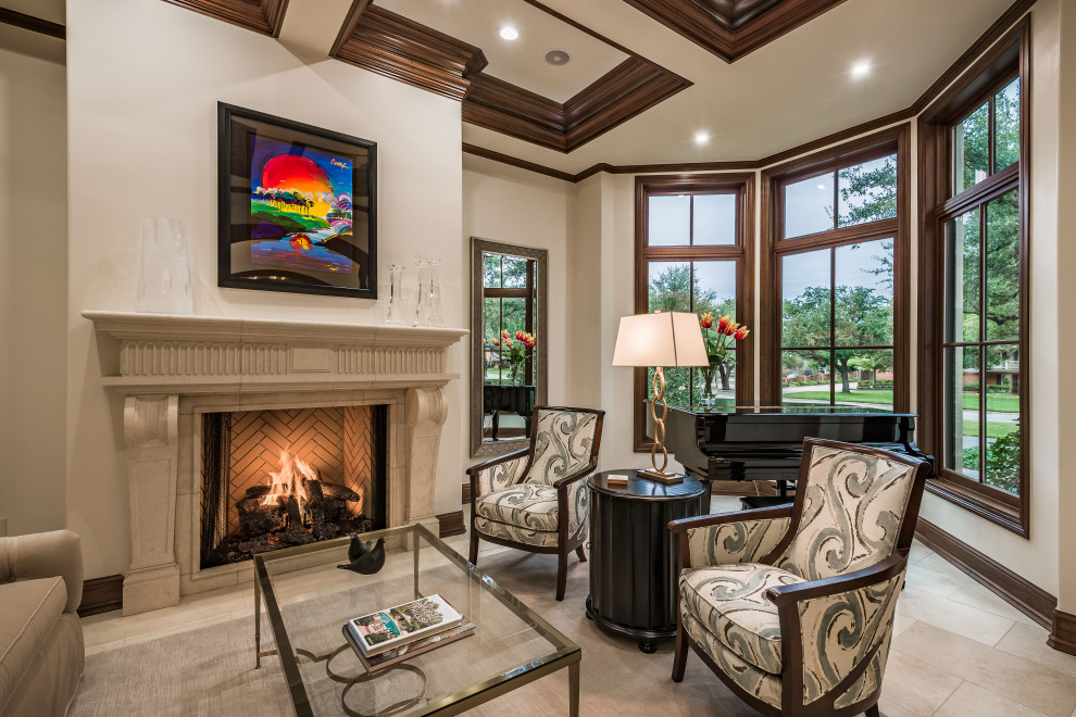 Large classic formal living room in Dallas with white walls, travertine flooring, a standard fireplace, a stone fireplace surround and beige floors.