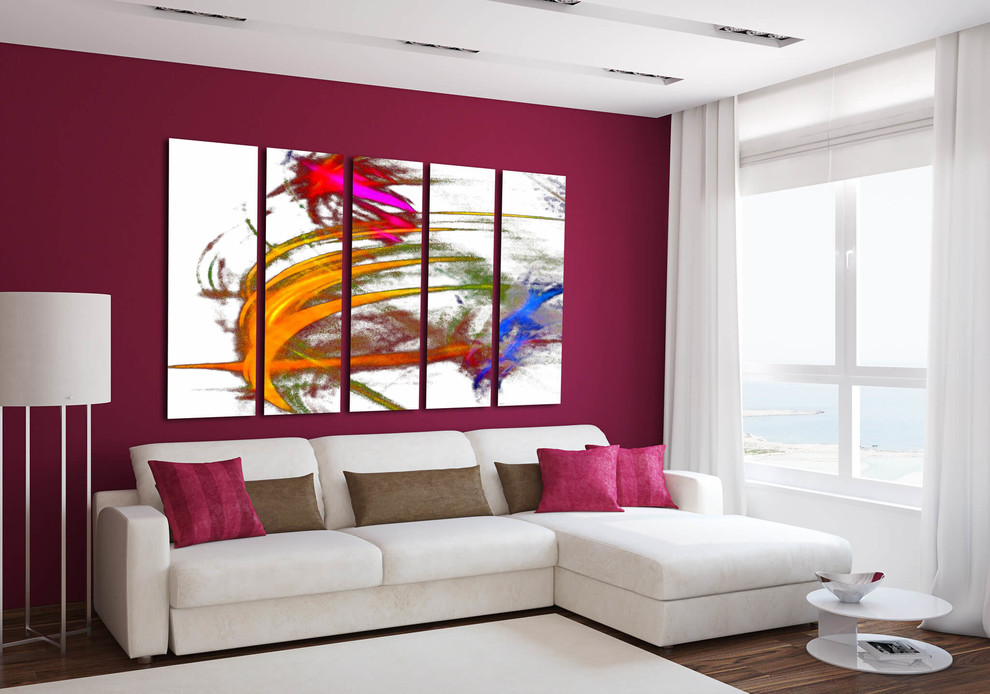 Idée de décoration pour un salon minimaliste avec un mur rouge et parquet foncé.