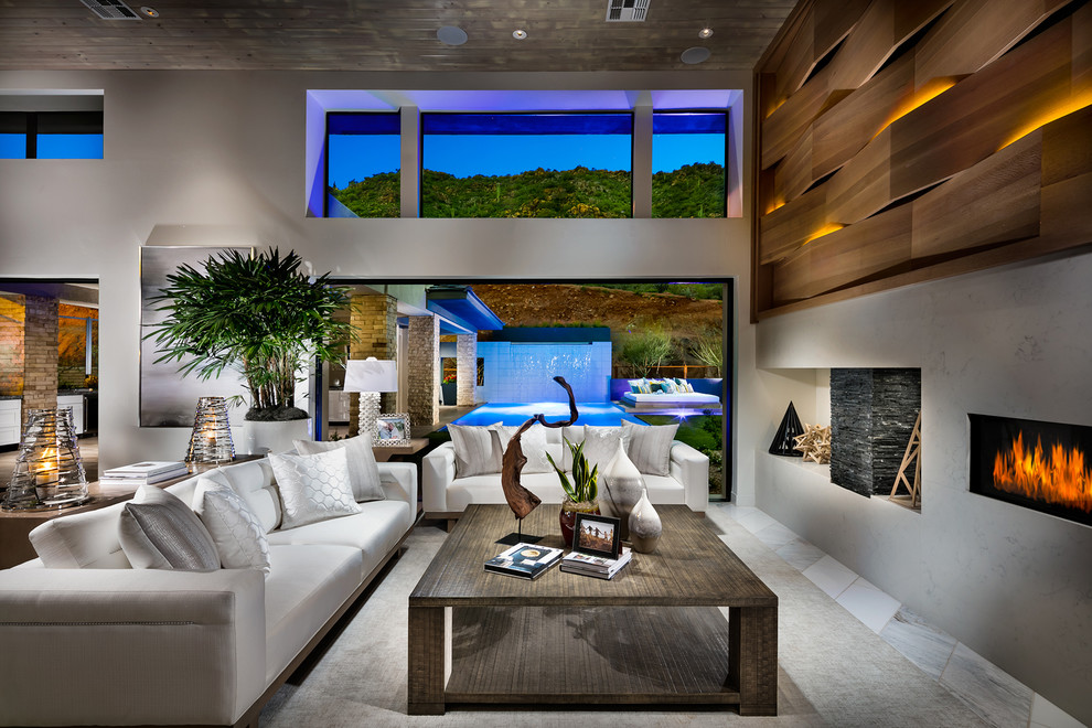 Large contemporary formal open plan living room in San Diego with white walls, a ribbon fireplace, a stone fireplace surround, no tv and multi-coloured floors.
