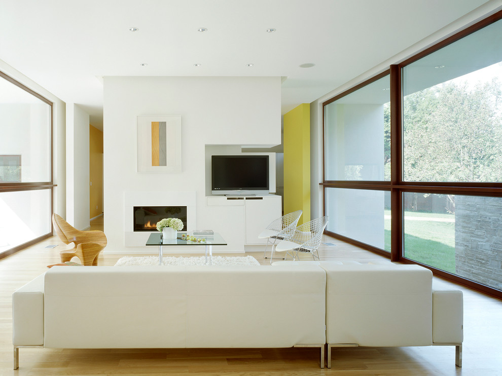 Ispirazione per un soggiorno moderno con pareti bianche, parquet chiaro, camino lineare Ribbon e TV autoportante