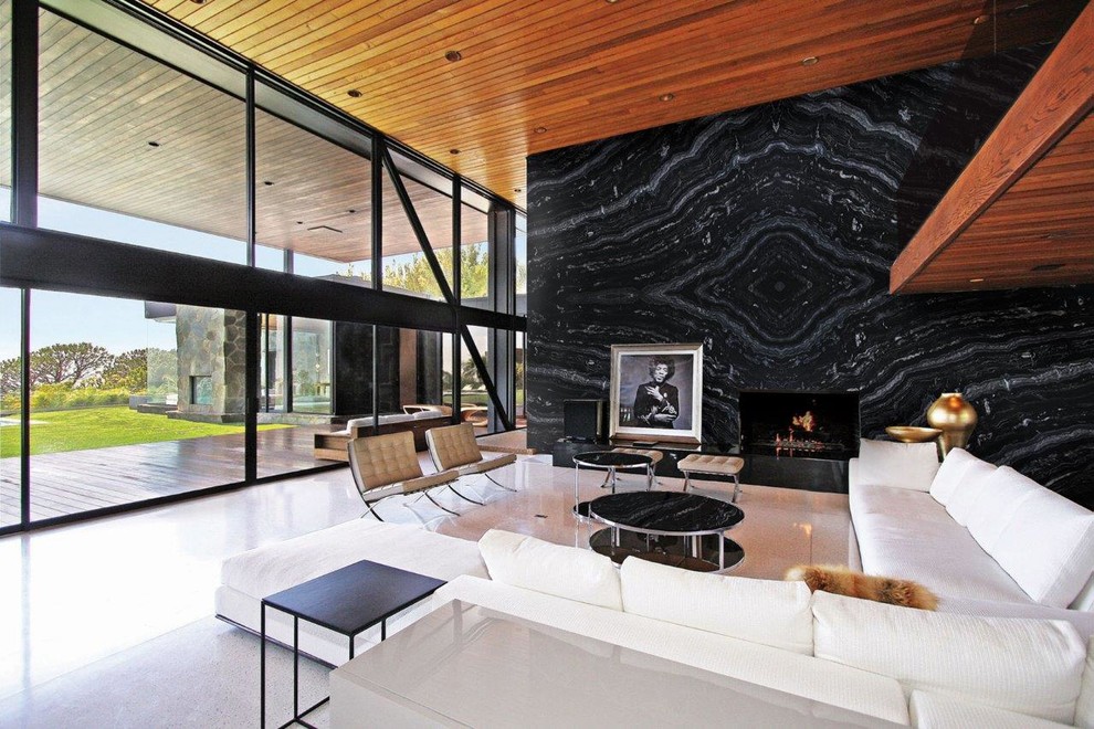 Immagine di un soggiorno design con sala formale, pareti nere, camino classico, cornice del camino in pietra, nessuna TV e pavimento bianco