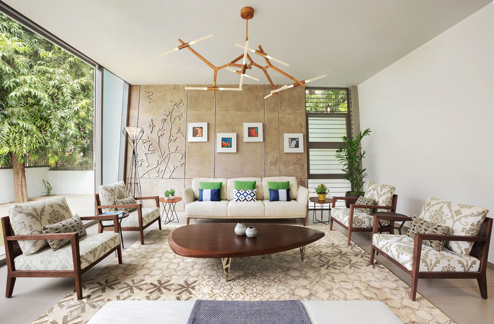 Esempio di un grande soggiorno moderno con sala formale, pareti bianche, pavimento con piastrelle in ceramica e pavimento beige