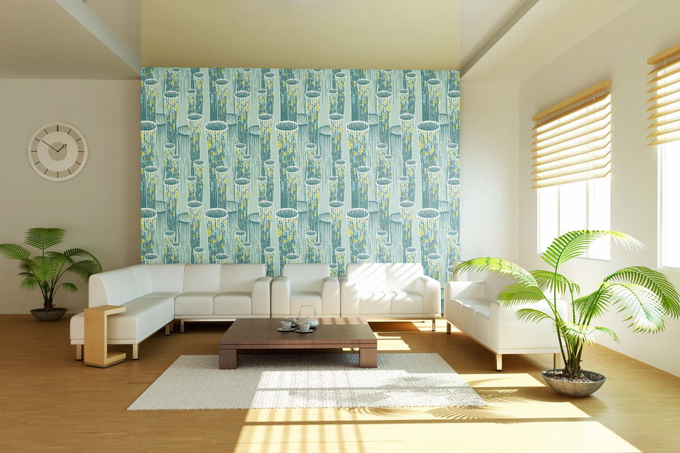 Immagine di un soggiorno eclettico con pareti blu