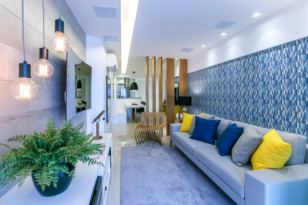 Idee per un piccolo soggiorno minimalista aperto con pavimento in gres porcellanato