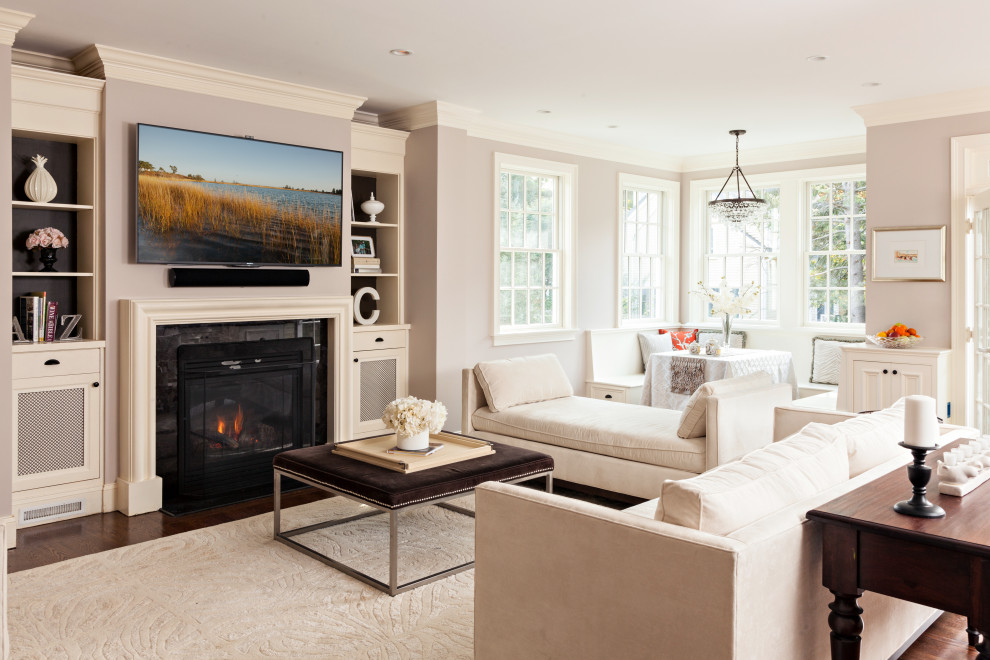 Living room - transitional open concept dark wood floor and brown floor living room idea in Boston with gray walls, a standard fireplace and a wall-mounted tv