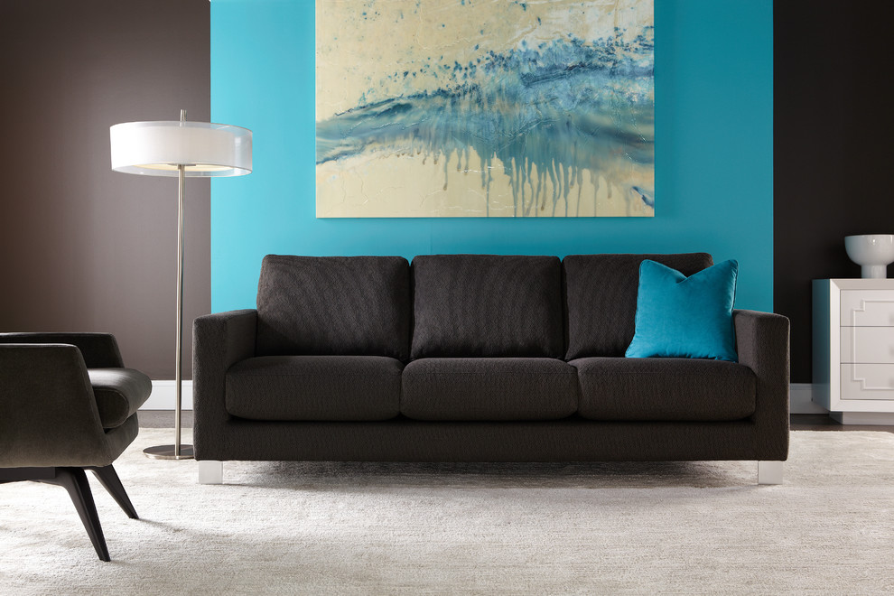 Idee per un piccolo soggiorno contemporaneo chiuso con pareti blu e moquette