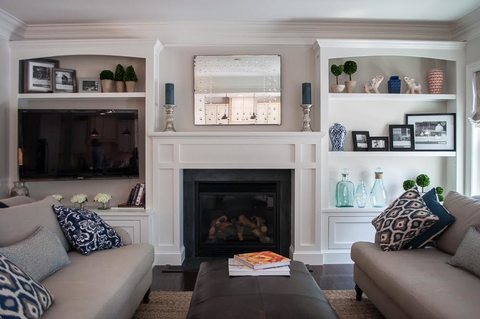 Example of a mid-sized transitional open concept dark wood floor and brown floor living room design in DC Metro with white walls, a standard fireplace, a wall-mounted tv and a wood fireplace surround