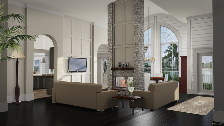 Mittelgroßes, Offenes Maritimes Wohnzimmer mit weißer Wandfarbe, hellem Holzboden, Tunnelkamin und Kaminumrandung aus Stein in Charlotte