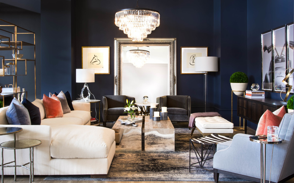 Свежая идея для дизайна: гостиная комната в стиле неоклассика (современная классика) с синими стенами - отличное фото интерьера