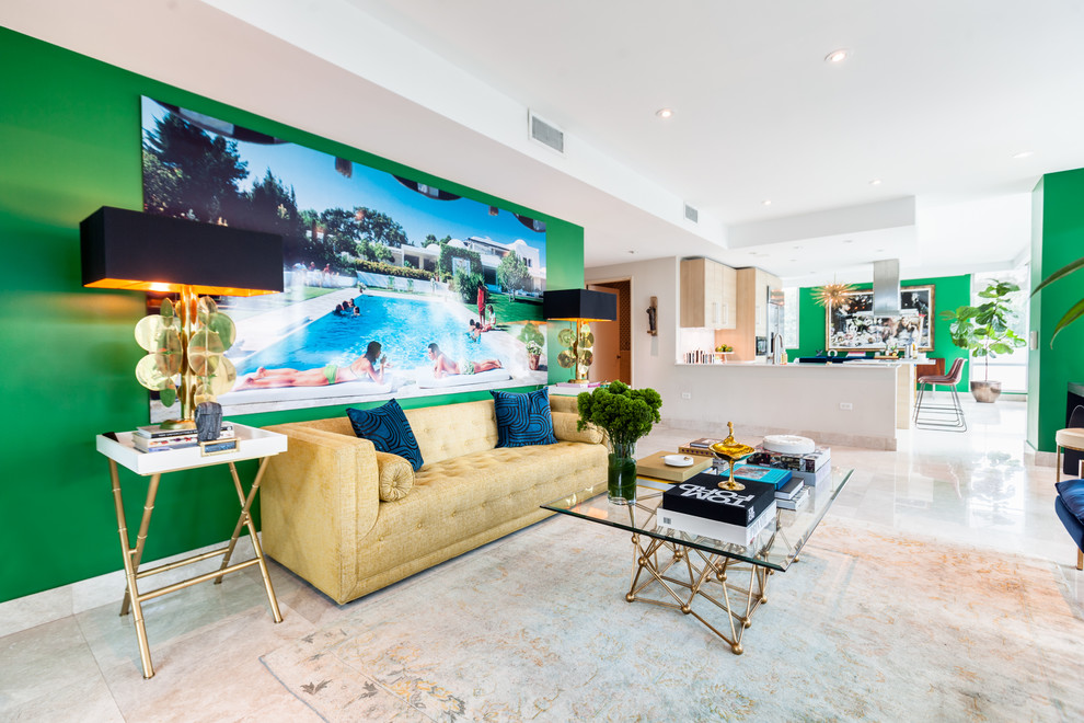 Large bohemian formal enclosed living room in Miami with green walls, porcelain flooring, no fireplace, no tv and white floors.