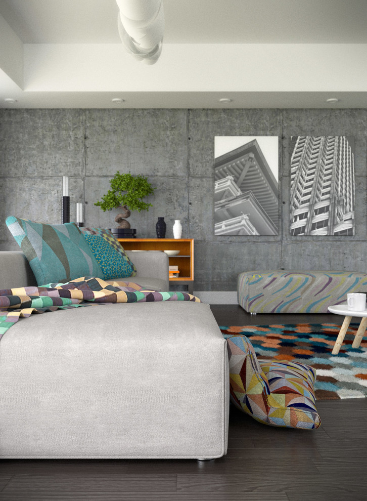 Idee per un soggiorno design di medie dimensioni e aperto con pareti grigie, pavimento in legno verniciato e parete attrezzata
