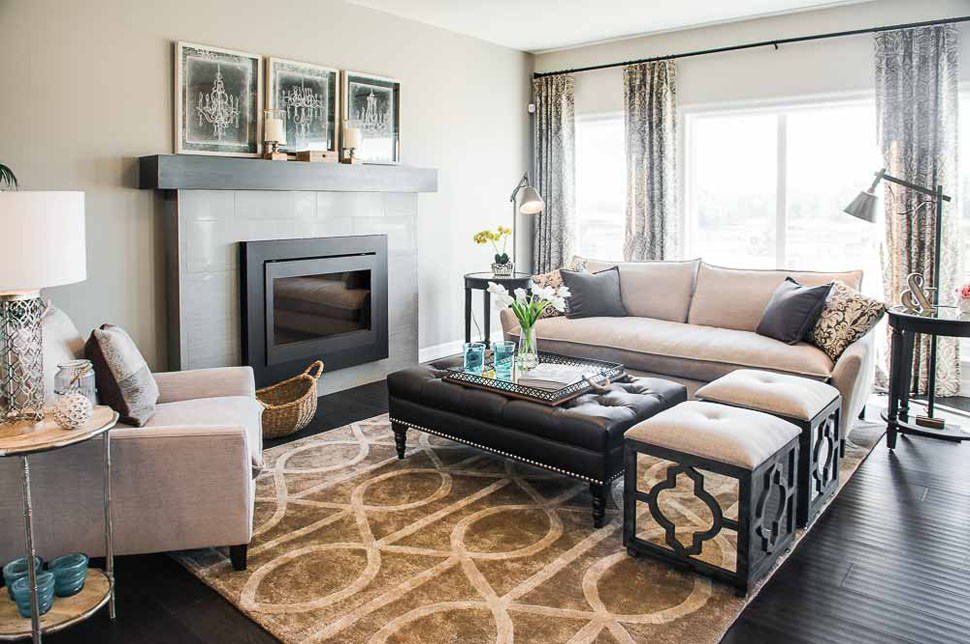 Living room - mid-sized transitional formal and open concept dark wood floor living room idea in Edmonton with beige walls, a standard fireplace, a tile fireplace and no tv