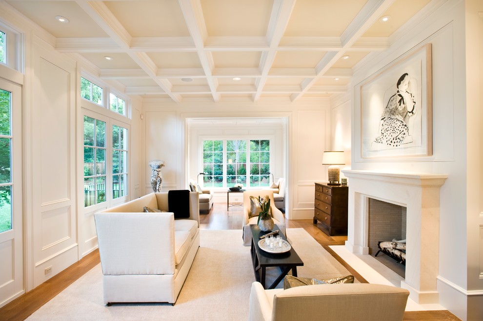 Exemple d'un grand salon tendance avec un mur blanc et une cheminée standard.