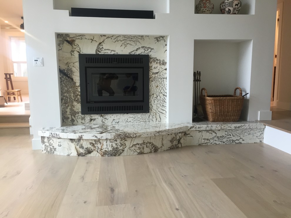 Light wood floor living room photo in Other with white walls, a standard fireplace and a stone fireplace
