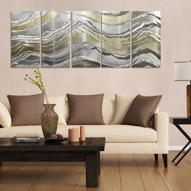 Alternating Current Silver and Gold Abstract Mountain Metal Wall