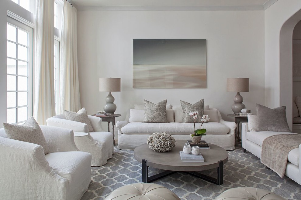 Photo of a large nautical formal and grey and cream open plan living room in Los Angeles.