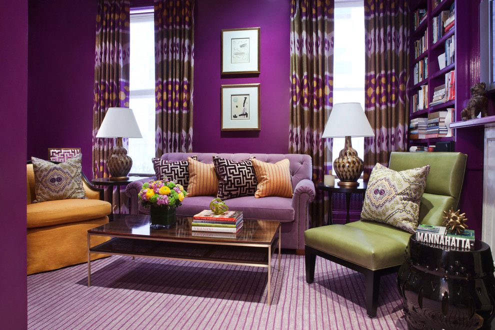 Inspiration for a mid-sized eclectic formal and enclosed dark wood floor living room remodel in New York with purple walls, a corner fireplace, a stone fireplace and a media wall
