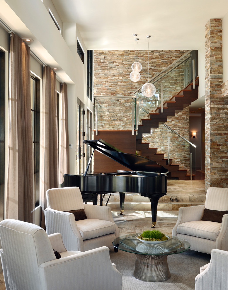 Trendy open concept beige floor living room photo in Orlando with a music area