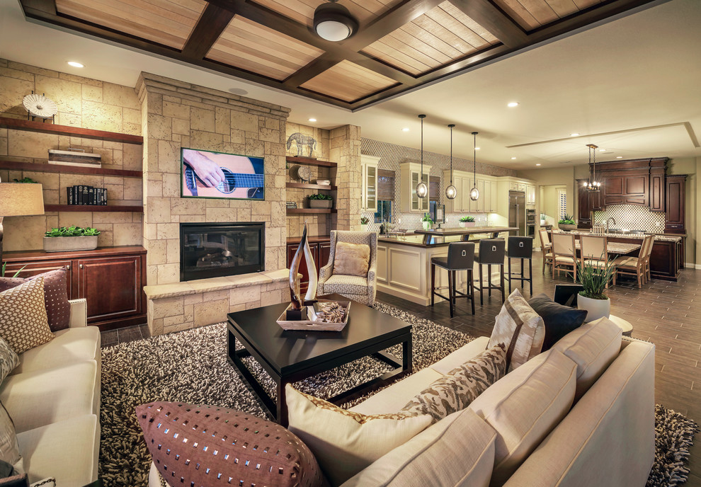 Large eclectic formal open plan living room in Las Vegas with beige walls, a ribbon fireplace, a stone fireplace surround and a wall mounted tv.