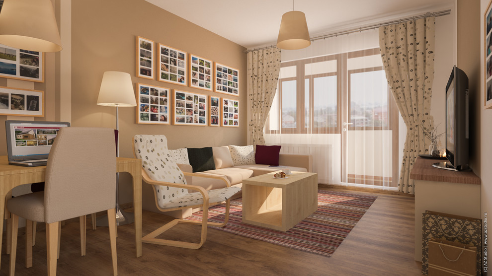 Modern inredning av ett litet separat vardagsrum, med ett finrum, beige väggar och en fristående TV