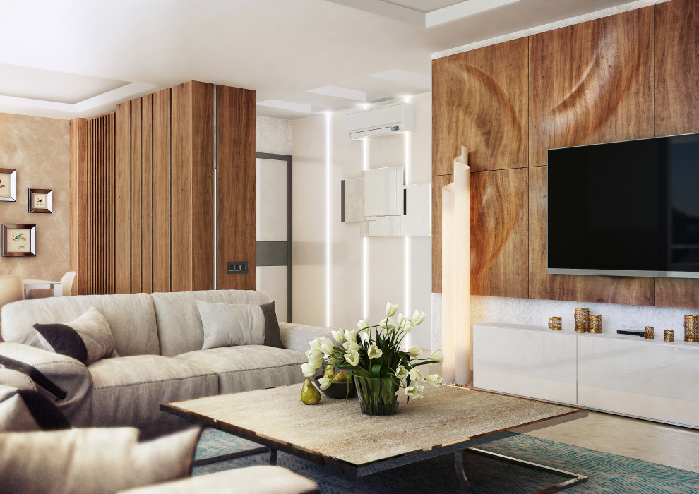 Foto di un grande soggiorno design aperto con pareti marroni e soffitto in legno