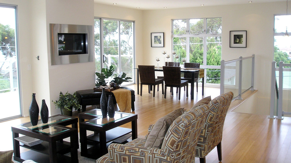 Mittelgroßes, Abgetrenntes, Fernseherloses Modernes Wohnzimmer mit weißer Wandfarbe, Bambusparkett, Hängekamin und Kaminumrandung aus Metall in San Diego