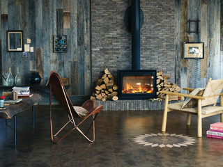 75 Vinyl Floor Living Room with a Wood Stove Ideas You'll Love - August,  2023 | Houzz
