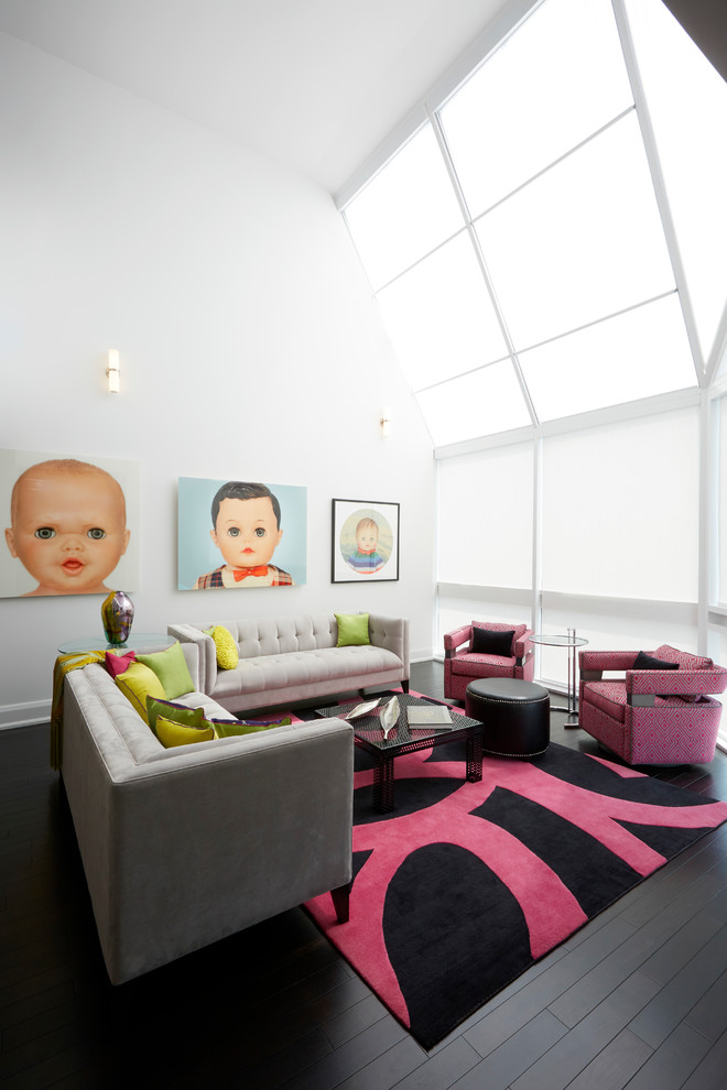 Inspiration for a large contemporary open concept dark wood floor and black floor living room remodel in Toronto with white walls