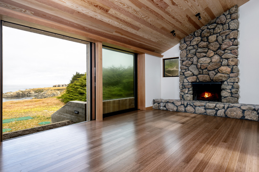 Cette photo montre un salon bord de mer avec une cheminée standard et un manteau de cheminée en pierre.