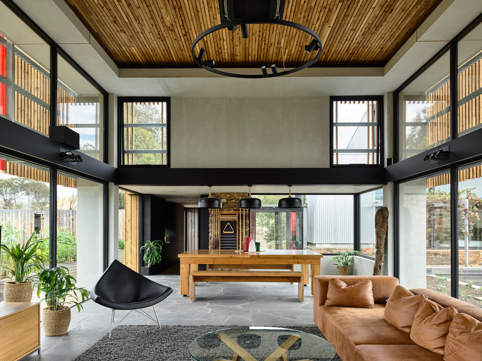 На фото: гостиная комната в современном стиле с серыми стенами, серым полом и коричневым диваном с