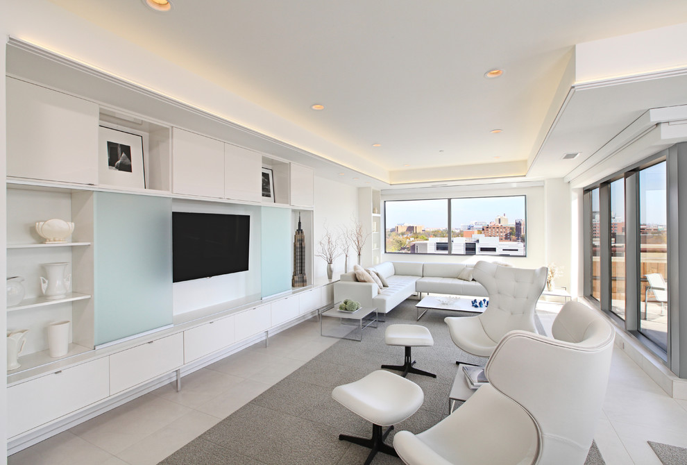Идея дизайна: гостиная комната в современном стиле с скрытым телевизором