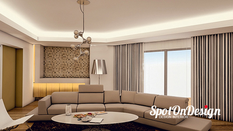 Aménagement d'un grand salon moderne fermé avec une salle de réception, un mur beige, un sol en bois brun et un téléviseur fixé au mur.