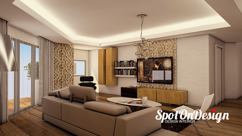 Foto de salón para visitas cerrado minimalista grande con paredes beige, suelo de madera en tonos medios y televisor colgado en la pared