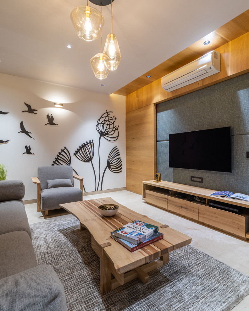 Источник вдохновения для домашнего уюта: открытая гостиная комната среднего размера в современном стиле с белыми стенами, телевизором на стене, серым полом и деревянными стенами