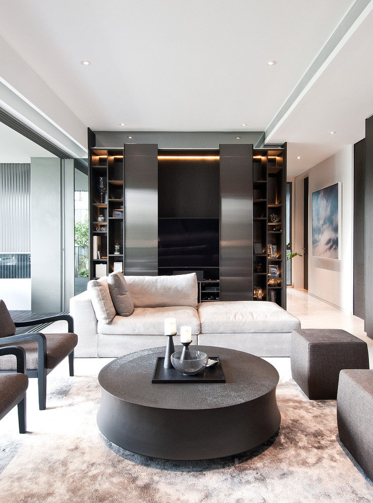 Пример оригинального дизайна: гостиная комната в стиле модернизм