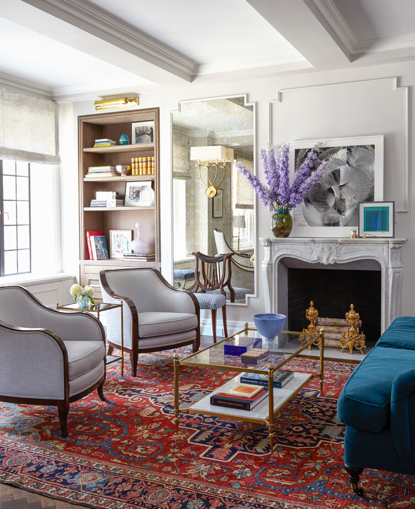 Inspiration for a mid-sized timeless open concept dark wood floor and brown floor living room remodel in New York with a bar, gray walls, a standard fireplace, a stone fireplace and no tv