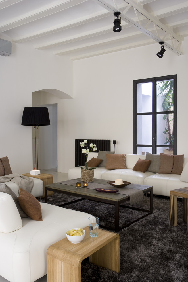 Источник вдохновения для домашнего уюта: парадная, изолированная гостиная комната среднего размера в современном стиле с белыми стенами и ковровым покрытием без камина, телевизора