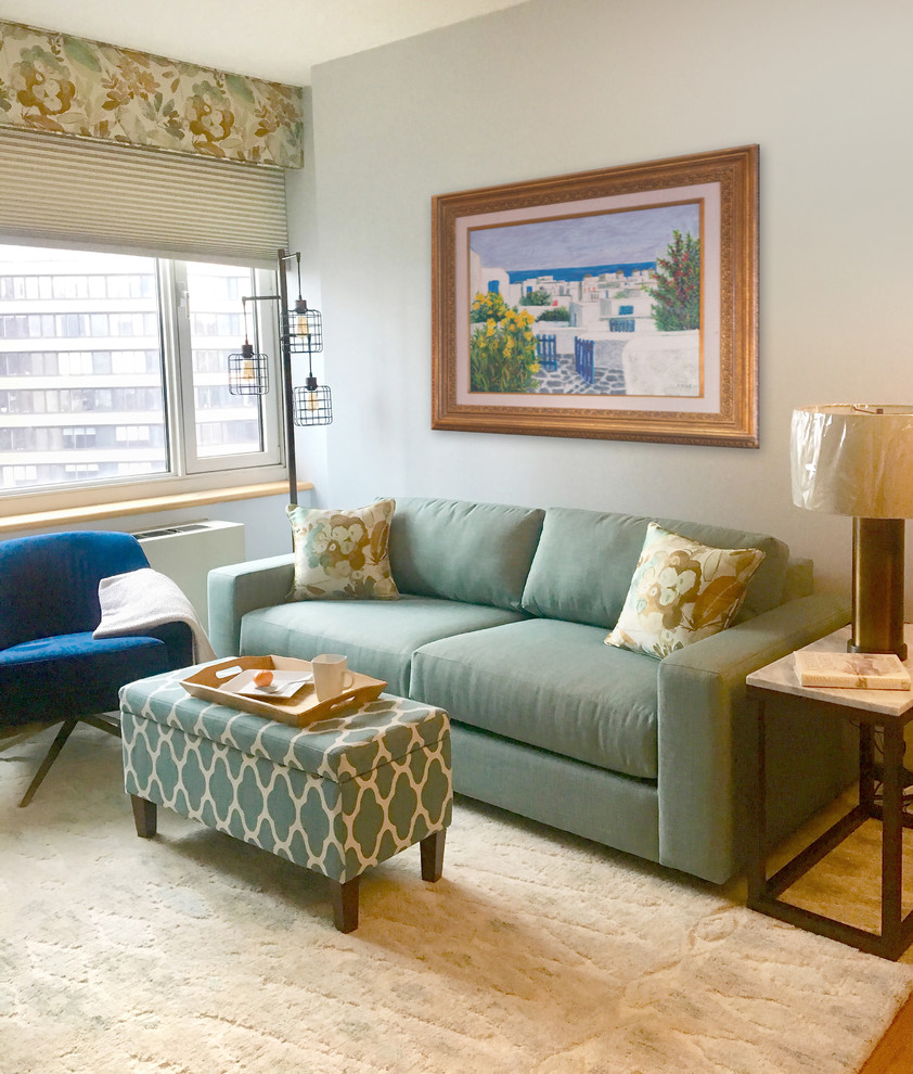 Kleines, Abgetrenntes Klassisches Wohnzimmer mit grauer Wandfarbe, braunem Holzboden, freistehendem TV und braunem Boden in New York