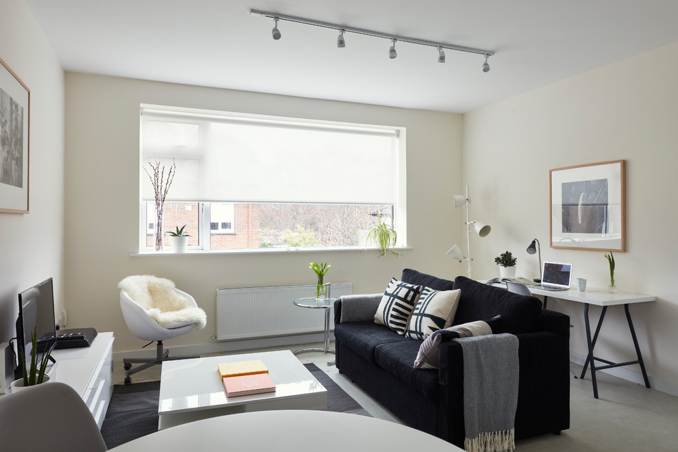 Mid-sized trendy open concept vinyl floor and white floor living room photo in Dublin with white walls, no fireplace and a tv stand