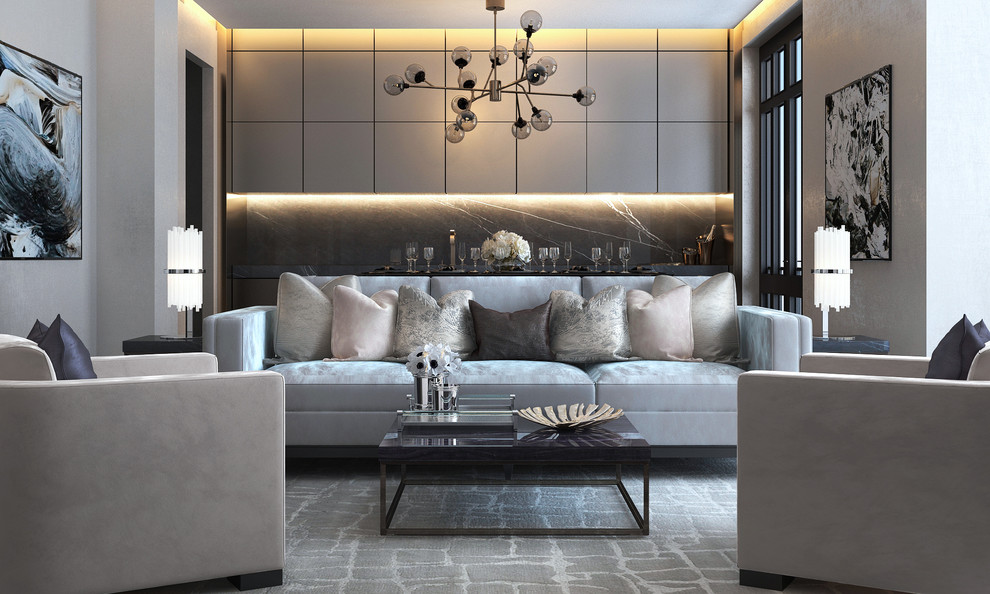 Design ideas for a medium sized contemporary formal enclosed living room in Miami with grey walls, carpet, no fireplace, no tv and feature lighting.