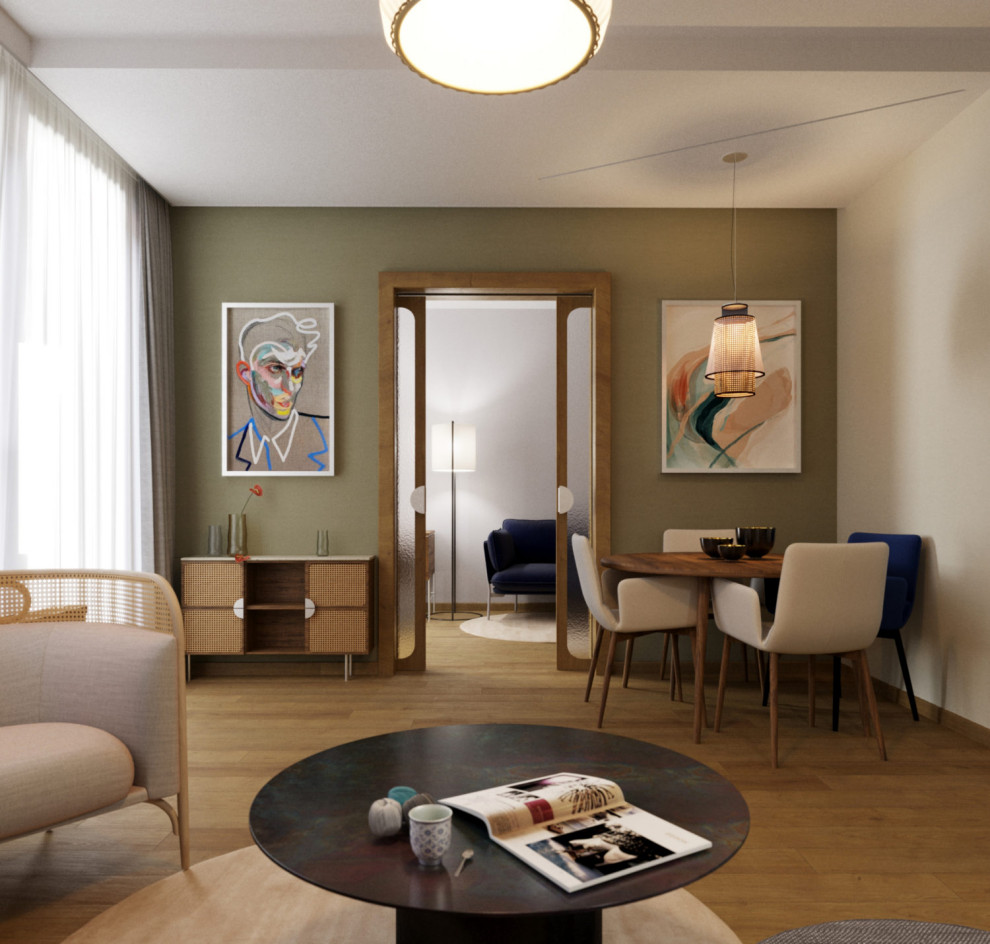 Свежая идея для дизайна: открытая гостиная комната среднего размера в скандинавском стиле с зелеными стенами, паркетным полом среднего тона и коричневым полом без камина - отличное фото интерьера