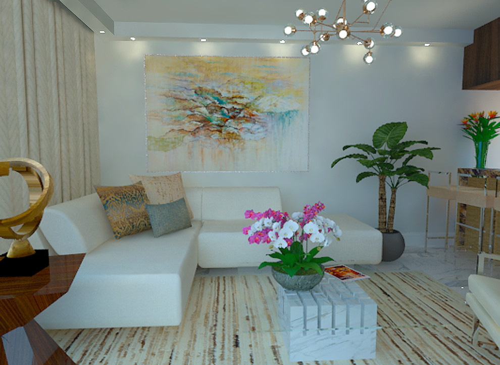 Esempio di un piccolo soggiorno moderno chiuso con angolo bar, pareti bianche, pavimento in marmo e TV a parete
