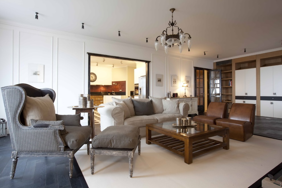 Example of a large eclectic formal dark wood floor living room design in Other with white walls