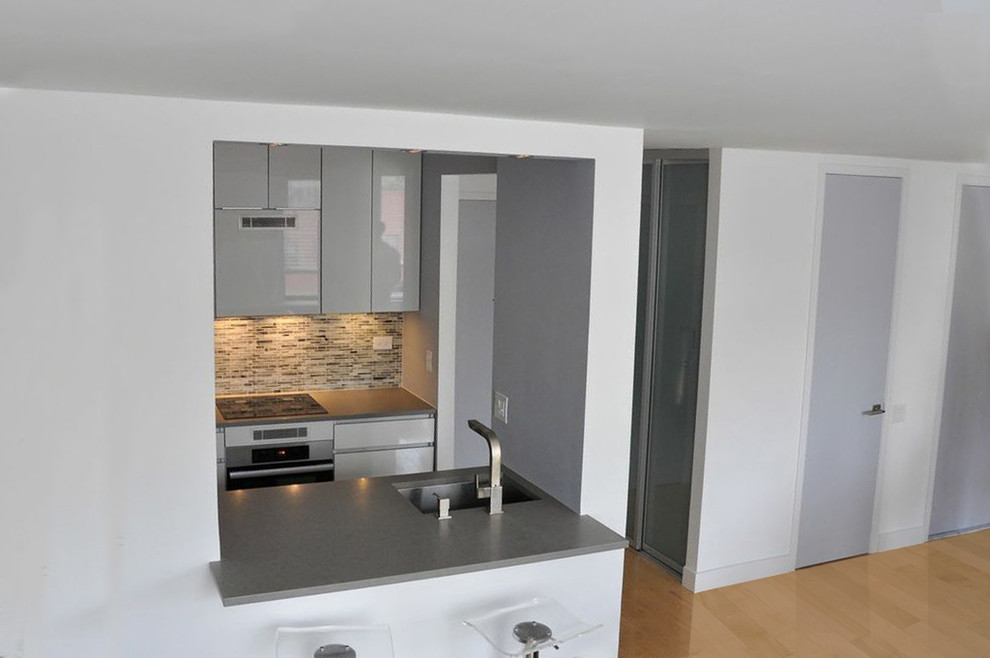 Inspiration for a medium sized contemporary living room in New York with grey walls and medium hardwood flooring.