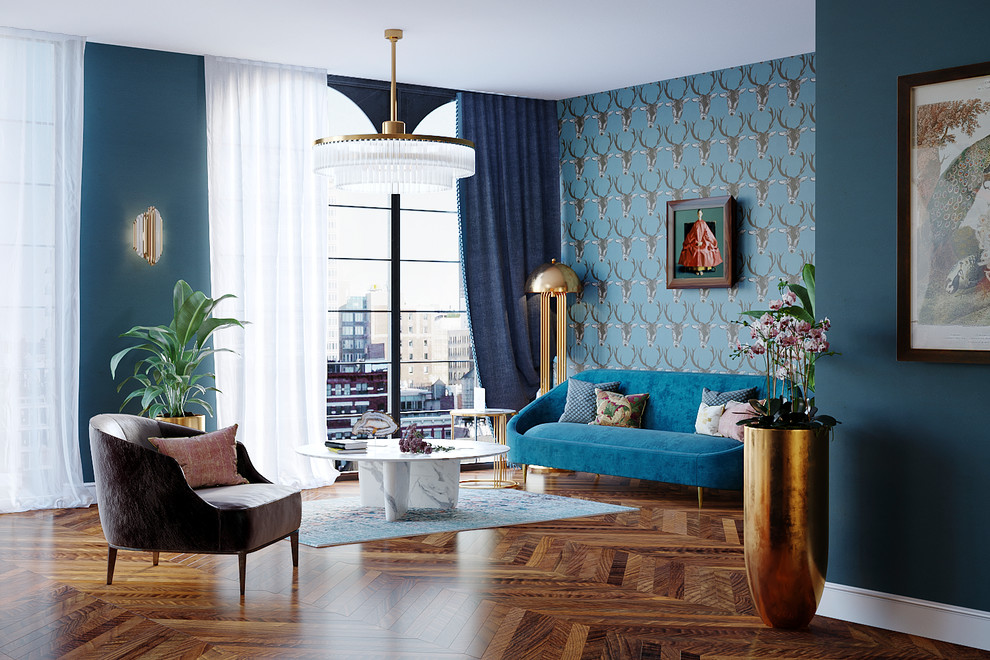 Ispirazione per un soggiorno boho chic con pareti blu, pavimento in legno massello medio e pavimento marrone